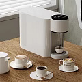 White Coffee Maker Making Fresh Latte Cups With Milk Jug On Wooden Table