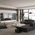 Modern Living Room Interior With Dark Sectional Sofa TV Console Coffee Table And Potted Plant