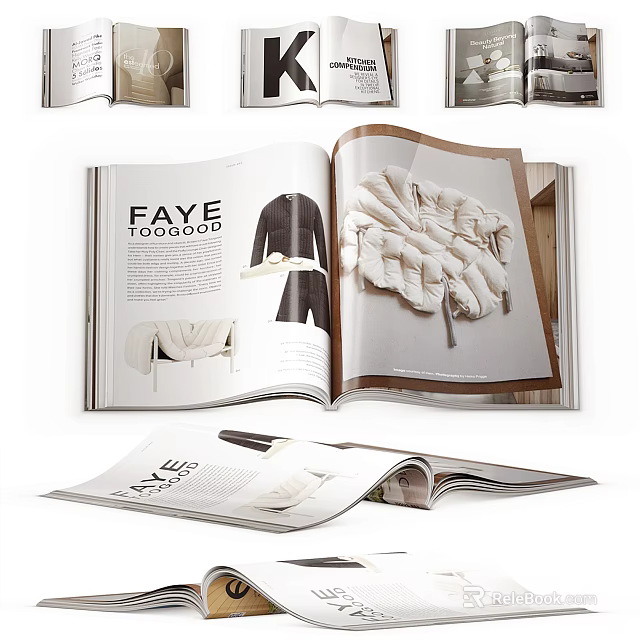 Open fashion magazine pages featuring clothing displays and home decor elements 3d model 