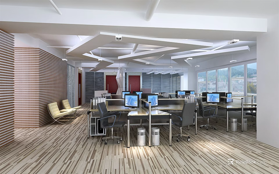 Modern Public Office Space With Desks Computers Office Chairs Geometric Ceiling And Large Windows 3d model