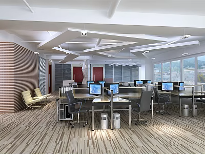 Modern Public Office Space With Desks Computers Office Chairs Geometric Ceiling And Large Windows 3d model
