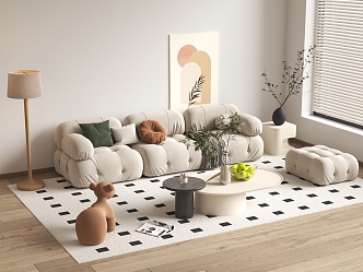 Cream Style Sofa Coffee Table Combination Cream Style Living Room Cream Style Coffee Table Coffee Table Floor Lamp Decoration Hanging Picture Carpet Side Table Sofa 3d model