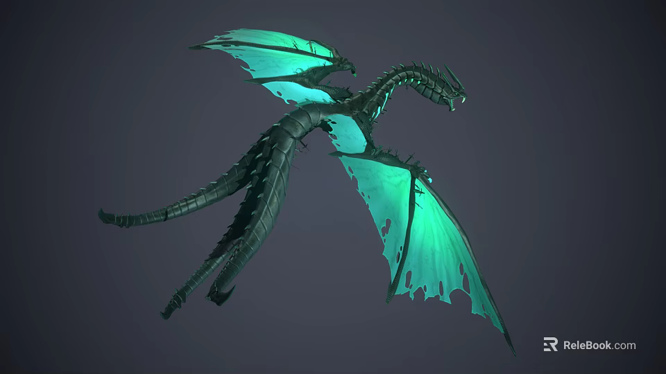 Fantasy Dragon With Green Glowing Tattered Wings Dark Scaled Body In Flying 3D Rendered Pose 3d model 