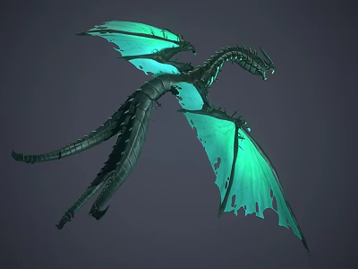 Fantasy Dragon With Green Glowing Tattered Wings Dark Scaled Body In Flying 3D Rendered Pose 3d model