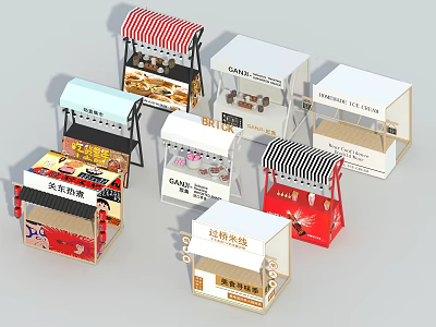 Colorful Small Food Stall Models With Different Awnings And Signboard Designs 3d model