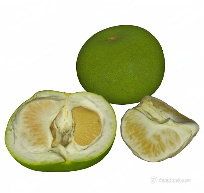 Fresh Green Pomelo Fruit With Peeled Half And Sliced Segment On White Background 3d model 