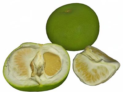 Fresh Green Pomelo Fruit With Peeled Half And Sliced Segment On White Background 3d model