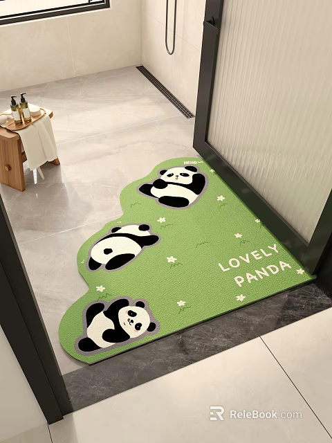 Green Shaped Rug With Cute Panda Pattern Lovely Panda Text And Small Flowers For Entrance 3d model 