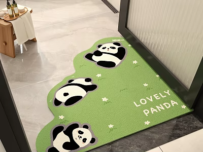 Green Shaped Rug With Cute Panda Pattern Lovely Panda Text And Small Flowers For Entrance 3d model