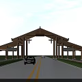 Traditional Chinese Arch Gate with Road Cars and Green Grass Under Blue Sky