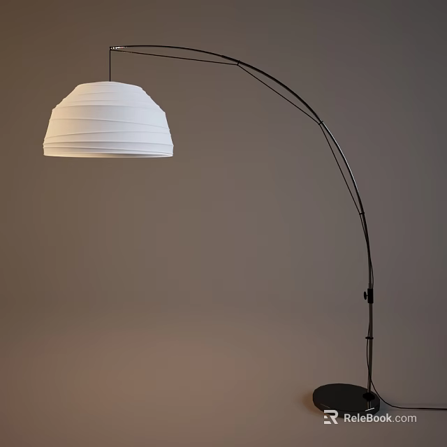 Modern Minimalist Floor Lamp With White Lampshade And Black Curved Arm On Light Brown Wall 3d model 