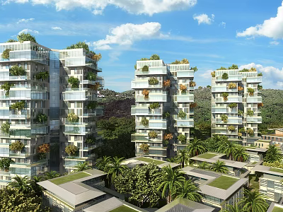 Modern Detached Villa Exterior With Lush Greenery Covered Balconies And Garden 3d model