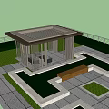 Modern Landscape Pavilion with Wooden Roof Lattice Design on Stone Pavement and Green Lawn Bench
