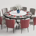 Elegant Round Dining Table Set With White Tabletop Gray Red Striped Chairs And Blue Vase 3d model