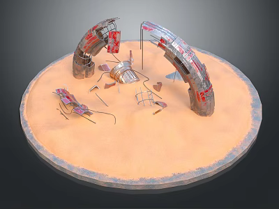 3D Model Scene Of Circular Sandy Platform With Arched Structures And Metal Frames 3d model