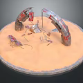 3D Model Scene Of Circular Sandy Platform With Arched Structures And Metal Frames 3d model