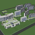 Modern Urban Architecture Complex with Green Roofs Lush Trees Parks Roads and Parking Areas