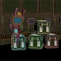 Pink Robot Character With Square Head X Shaped Eyes And Green Boxes On Metal Wall