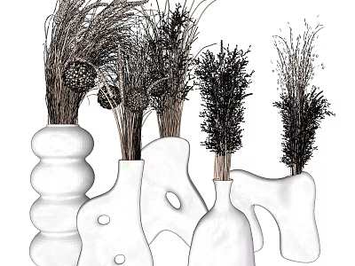 Unique White Ceramic Vases With Dried Grass and Natural Herb Arrangements in Modern Abstract Shapes 3d model