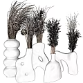 Unique White Ceramic Vases With Dried Grass and Natural Herb Arrangements in Modern Abstract Shapes
