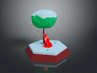 Red Fox Sitting Under Snowy Tree With Falling Snowflakes And Green Grass 3d model