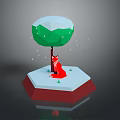 Red Fox Sitting Under Snowy Tree With Falling Snowflakes And Green Grass