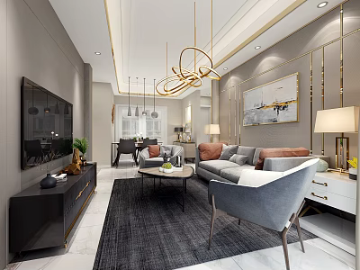 Modern Living Room Interior With Gray Sofa Armchair And Gold Accent Decor 3d model