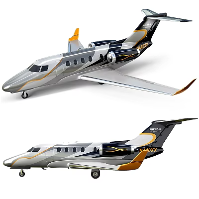 Sleek Private Jet Exterior With Silver Black And Orange Accent Design 3d model