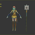 Anime Style Character With Red Hair Orange Yellow Outfit And Mechanical Creature With Lamp Like Head