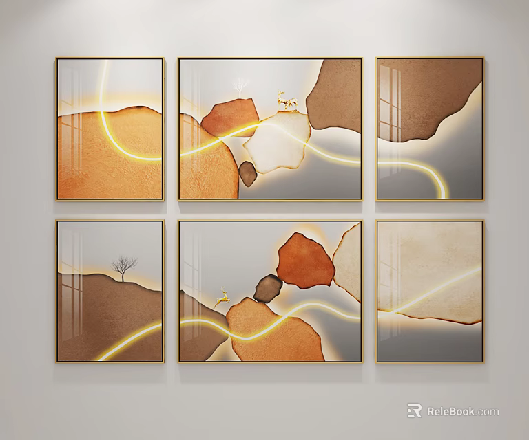 Abstract Six Panel Wall Art with Geometric Shapes Warm Tones and Yellow Lines 3d model 