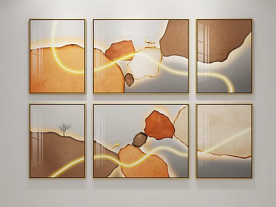 Abstract Six Panel Wall Art with Geometric Shapes Warm Tones and Yellow Lines 3d model