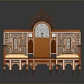 Traditional Wooden Furniture Set With Carved Back And Two Striped Cushion Seats
