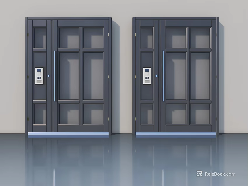 Dark Gray Swing Doors With Glass Panes And Electronic Locks In Modern Interior 3d model 