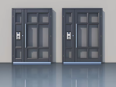 Dark Gray Swing Doors With Glass Panes And Electronic Locks In Modern Interior 3d model