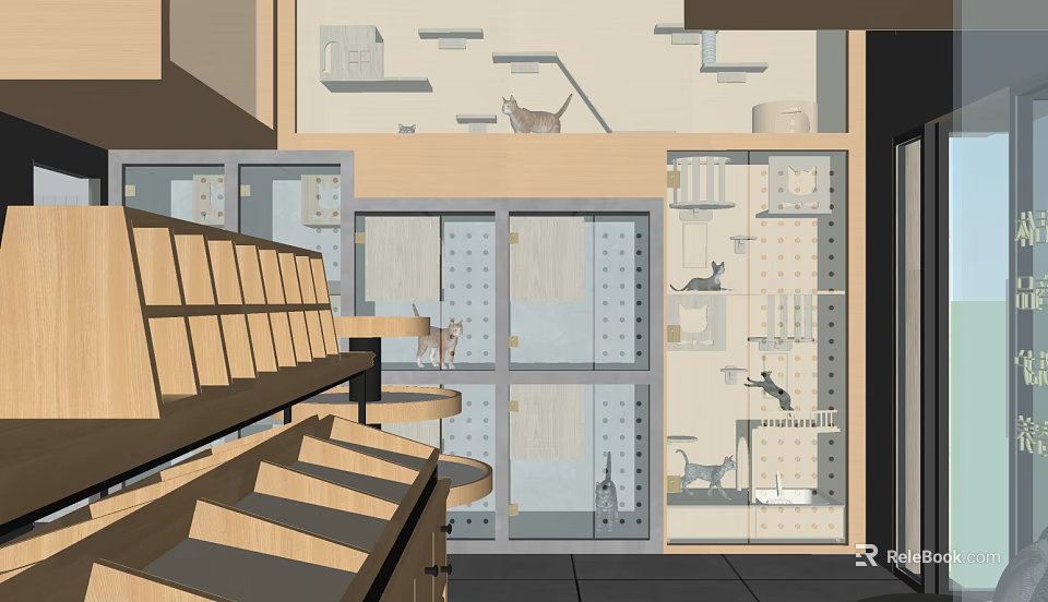 Cat Themed Mall Shop With Glass Cages Wooden Shelves And Play Areas 3d model 