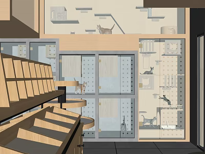 Cat Themed Mall Shop With Glass Cages Wooden Shelves And Play Areas 3d model