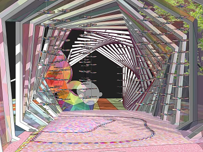 Modern Geometric Pergola Design With Striped Frame Colorful Floor Patterns And Greenery 3d model