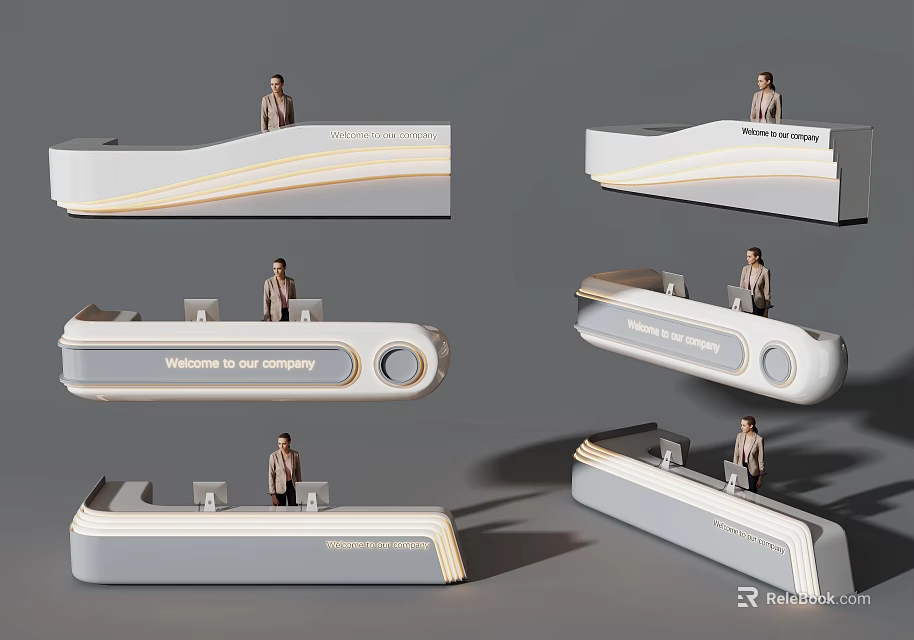 Modern Reception Desk with Curved Design Welcome Sign and Person Standing 3d model 