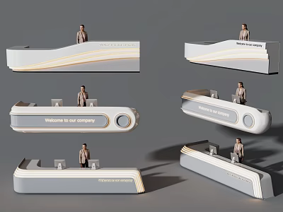 Modern Reception Desk with Curved Design Welcome Sign and Person Standing 3d model