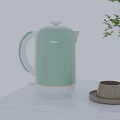 Green Electric Kettle On White Cabinet With Cup And Saucer In Indoor Setting