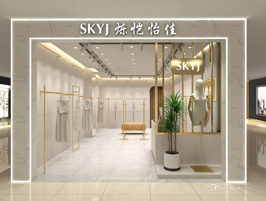 Modern Clothing Store Interior With Marble Walls Golden Decor And Mannequins 3d model 