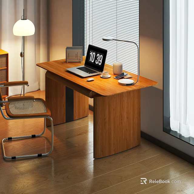 Wooden Desk With Laptop Clock Cup And Mouse Pad Near Window And Floor Lamp 3d model 