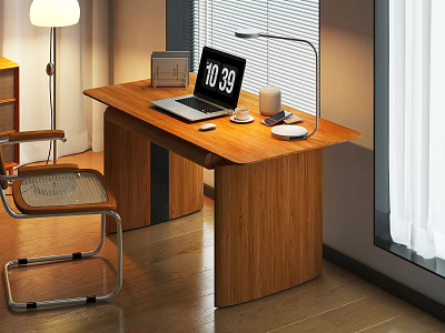 Wooden Desk With Laptop Clock Cup And Mouse Pad Near Window And Floor Lamp 3d model