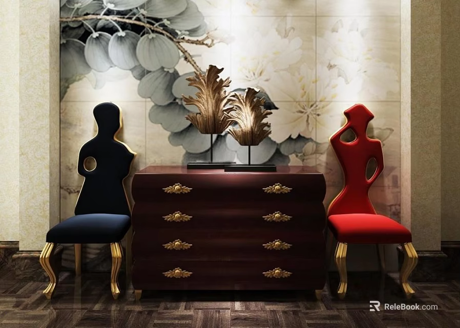 Entryway Side Cabinet With Gold Drawer Handles Black Red Chairs And Decorative Wall Design 3d model 