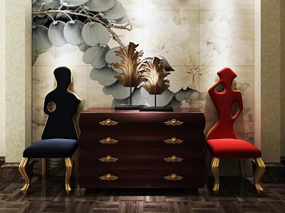 Entryway Side Cabinet With Gold Drawer Handles Black Red Chairs And Decorative Wall Design 3d model