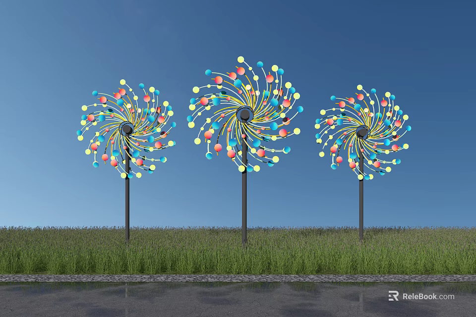 Three Colorful Windmill Shaped Architectural Structures Standing On Green Grassland Under Blue Sky 3d model 