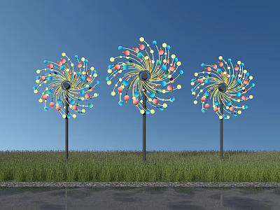 Three Colorful Windmill Shaped Architectural Structures Standing On Green Grassland Under Blue Sky 3d model