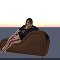 Barefoot Woman With Brown Hair In Black Patterned Top And Shorts On Brown Curved Sofa