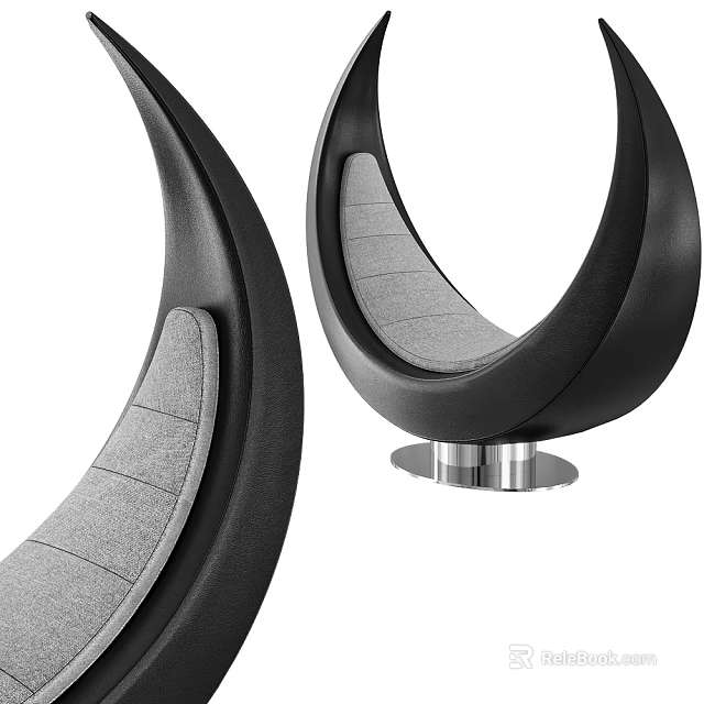 Modern Unique Shape Sofa With Curved Black Leather Frame Gray Fabric Cushion And Metal Base 3d model 