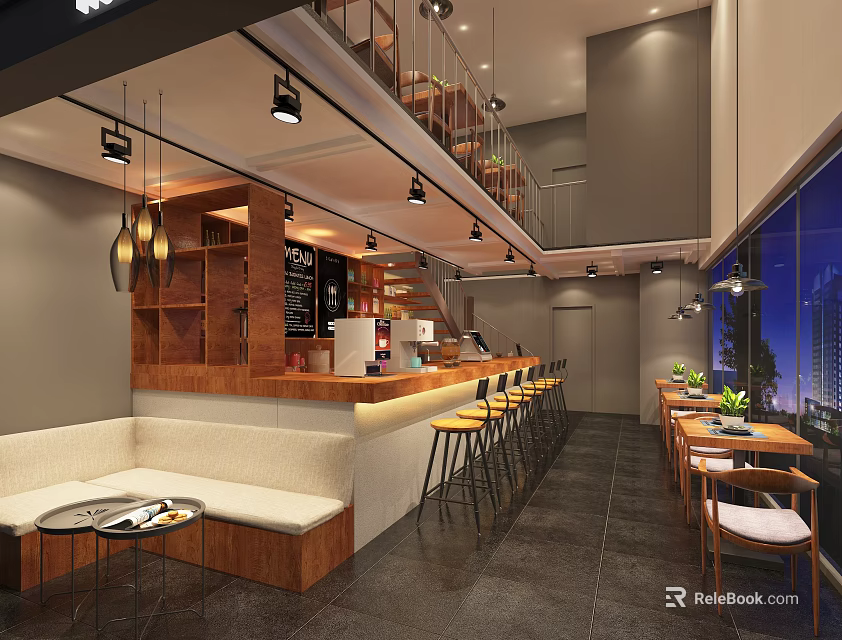 Modern Café Interior With Bar Counter Bar Stools And Window Side Tables 3d model